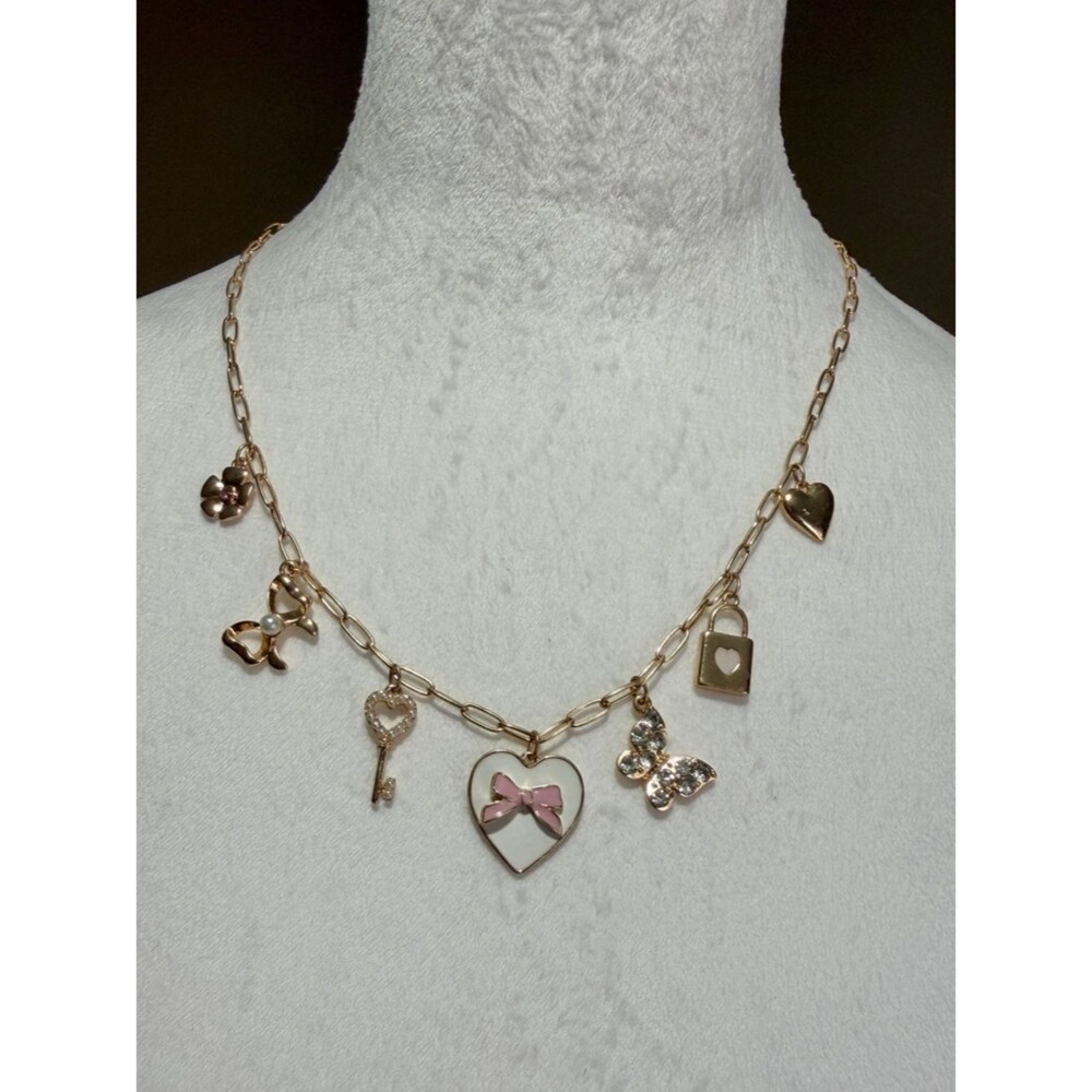Packed Party Gold-Tone Heart & Charm Necklace with Pink Bow Accent